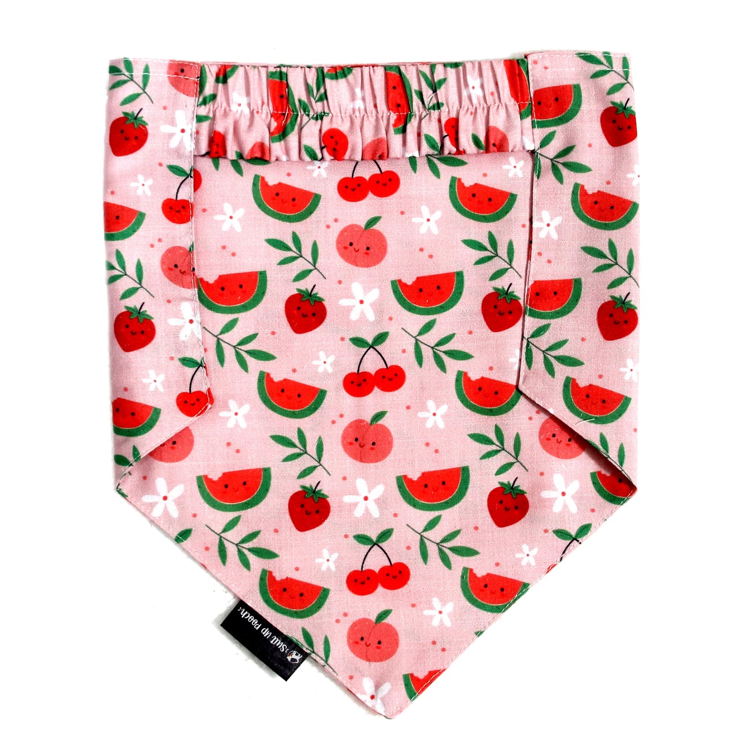 Pink-a-Boo cotton scrunchie dog bandana flatlay - back view, soft cotton, playful cute fruity print, available for Small, Medium, Large dogs