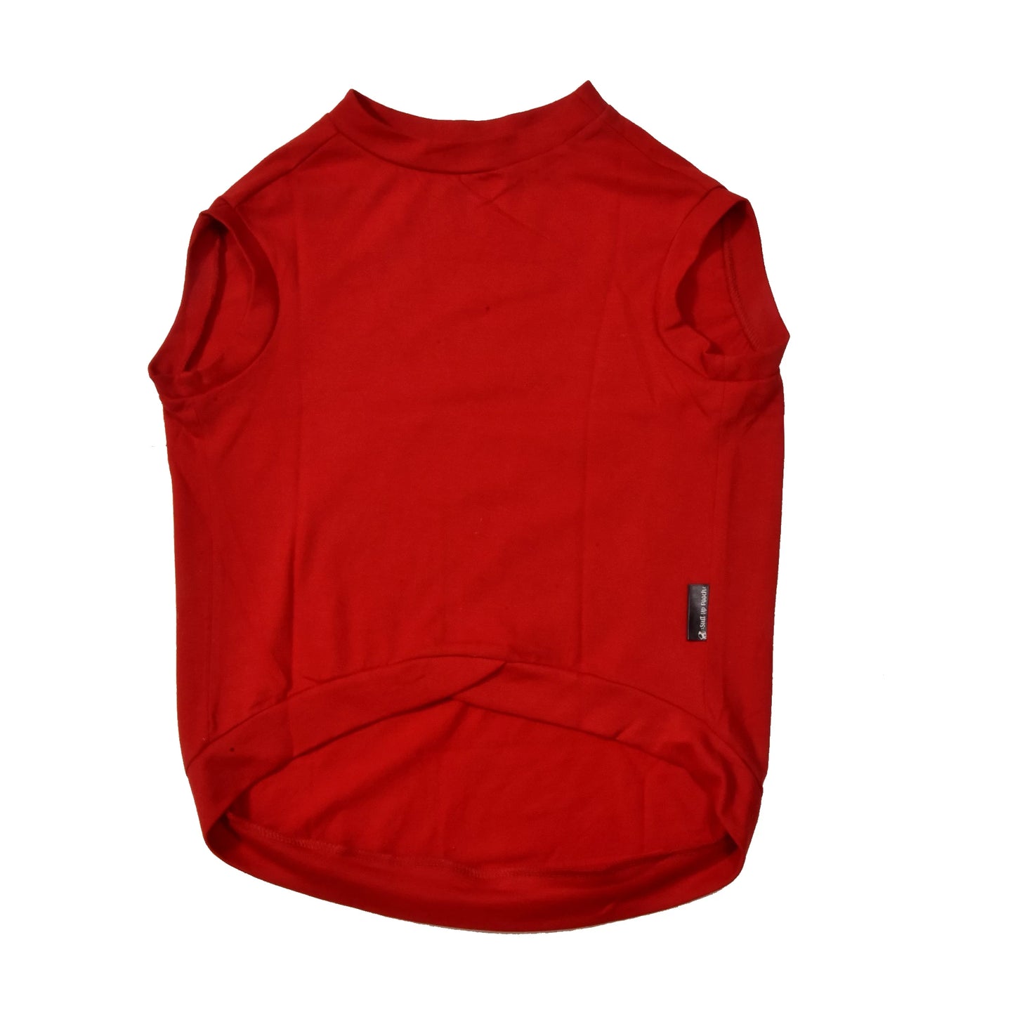 Flatlay of Walk-u Ishta Snana Kashta red Kannada cotton dog t-shirt, sleeveless, showing back view with high belly cut, ideal back length and tailored fit for small, medium, and large pups.