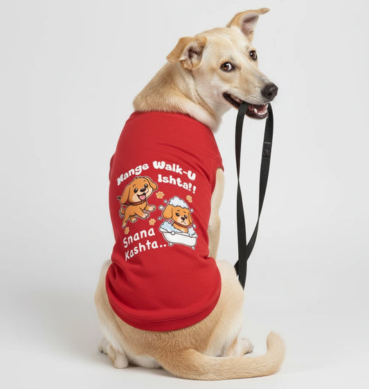 Walk-u Ishta Snana Kashta red sleeveless Kannada dog t-shirt on dog in back pose, showcasing fit and cute graphic of a dog loving walks and hating baths. Suitable for small, medium, and large dogs.