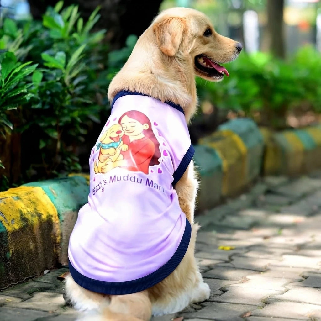 Amma’s Muddu Mari sleevless cotton Kannada dog t-shirt with cute graphic print from Suit Up Pooch. Available for small, medium and large dogs. Multi colour