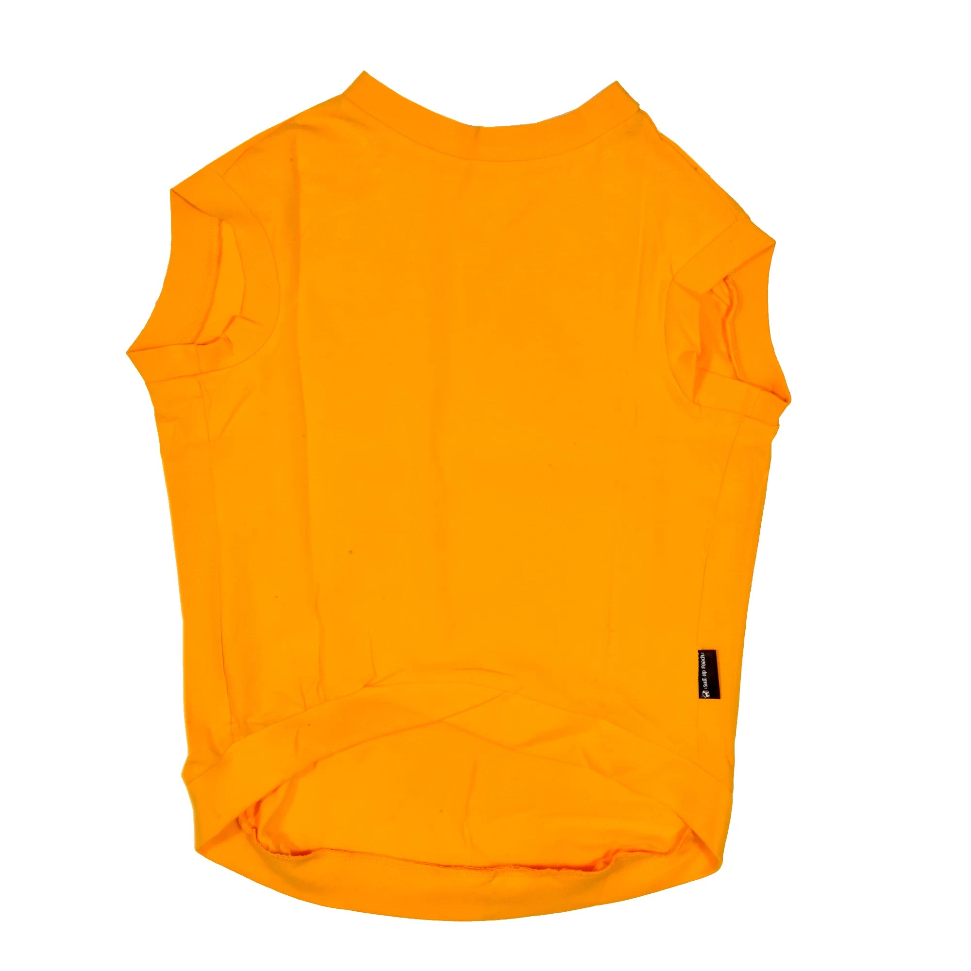 Flatlay of Ba Guru Long Drive Hogana cotton Kannada dog t-shirt in yellow, sleeveless, showing back high belly cut, and ideal back length. Tailored fit for small, medium, and large dogs.