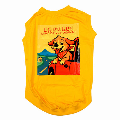 Flatlay of Ba Guru Long Drive Hogana cotton Kannada dog t-shirt in yellow, sleeveless, featuring a graphic of a dog enjoying the car ride. Soft, comfortable fit, suitable for small, medium, and large dogs.