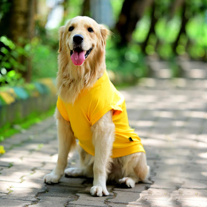 Ba Guru Long Drive Hogana sleeveless cotton Kannada dog t-shirt in yellow with a cute long-drive graphic print from Suit Up Pooch. Suitable for small, medium and large dogs.