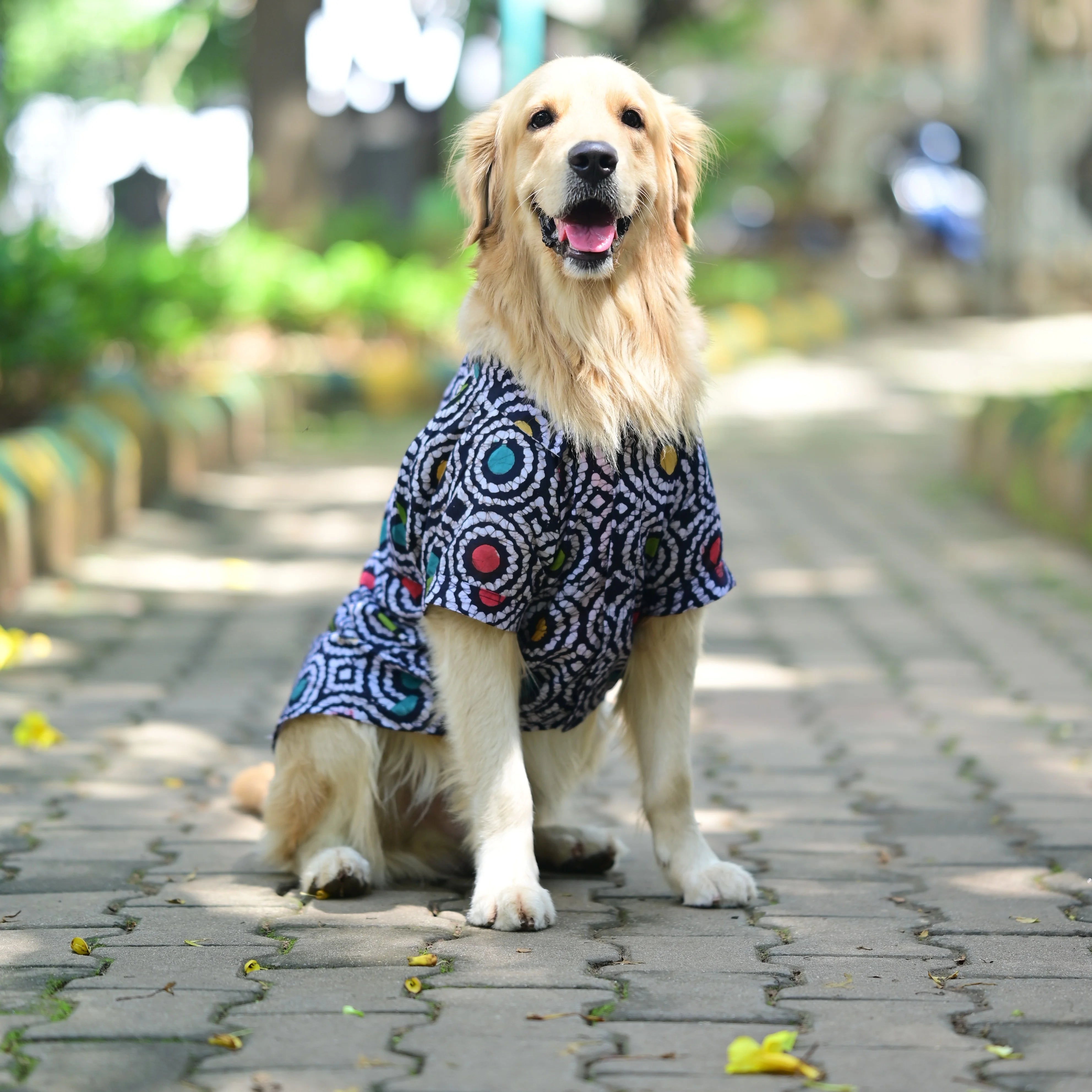 Bark-it Batik handcrafted cotton dog shirt front view with high belly cut and velcro snap fit. Perfect for small medium large dogs