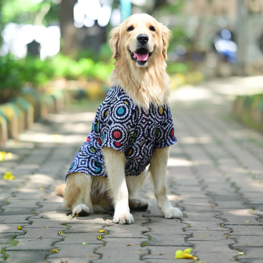 Bark-it Batik handcrafted cotton dog shirt front view with high belly cut and velcro snap fit. Perfect for small medium large dogs