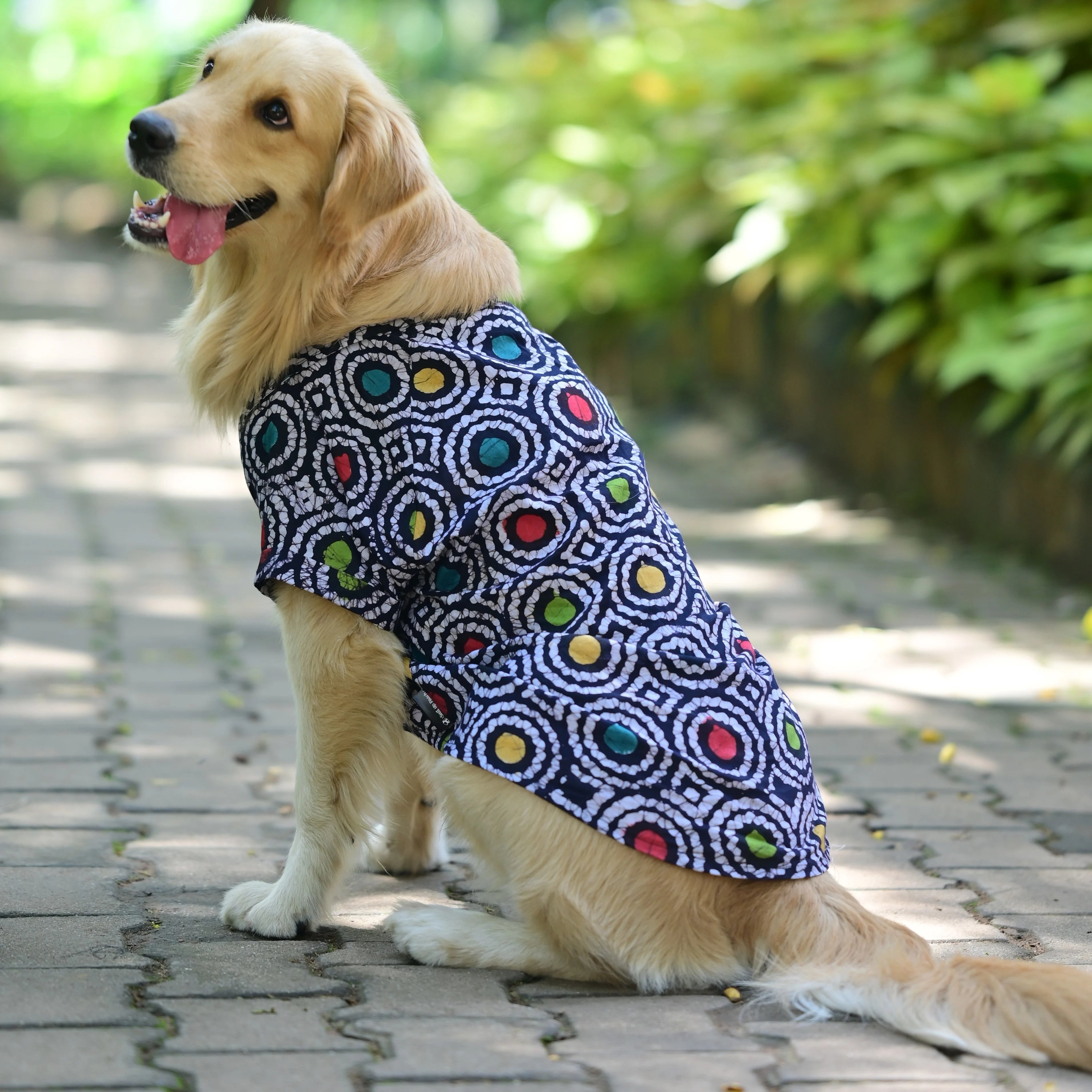 Bark-it Batik handcrafted colourful cotton dog shirt left view - tailored fit. Perfect for small medium large dogs