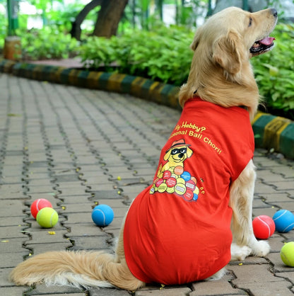 My Hobby Professional Ball Chori sleevless cotton Hindi dog t-shirt in red with cute graphic print from Suit Up Pooch. Available for small, medium and large dogs.