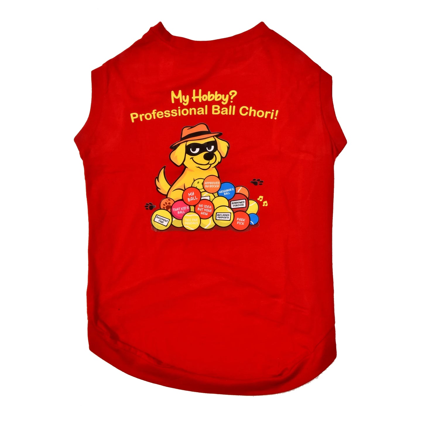 Red sleeveless My Hobby Professional Ball Chori cotton Hindi dog t-shirt with graphic showing dogs ball collection adventures. Comfy and stylish for every dog.