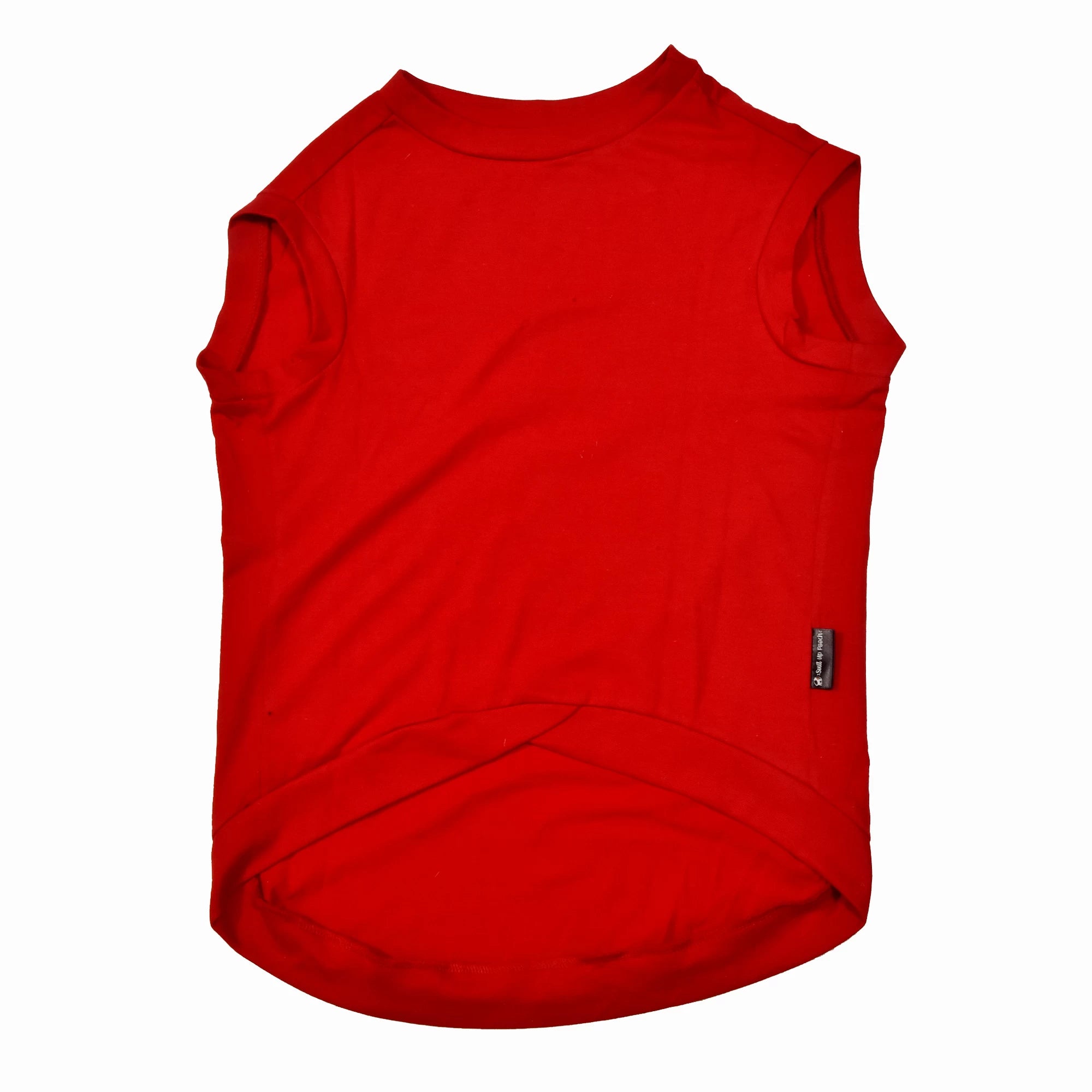 My Hobby Professional Ball Chori cotton Hindi dog t-shirt flatlay featuring red sleevless high belly cut, perfect back length, tailored fit dog t-shirt