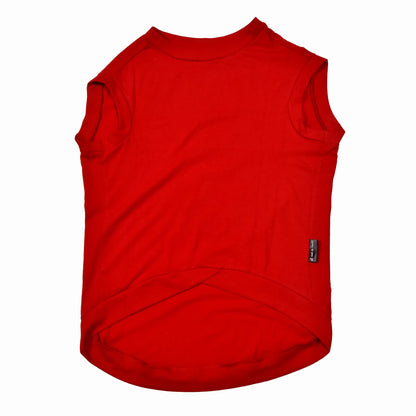 My Hobby Professional Ball Chori cotton Hindi dog t-shirt flatlay featuring red sleevless high belly cut, perfect back length, tailored fit dog t-shirt