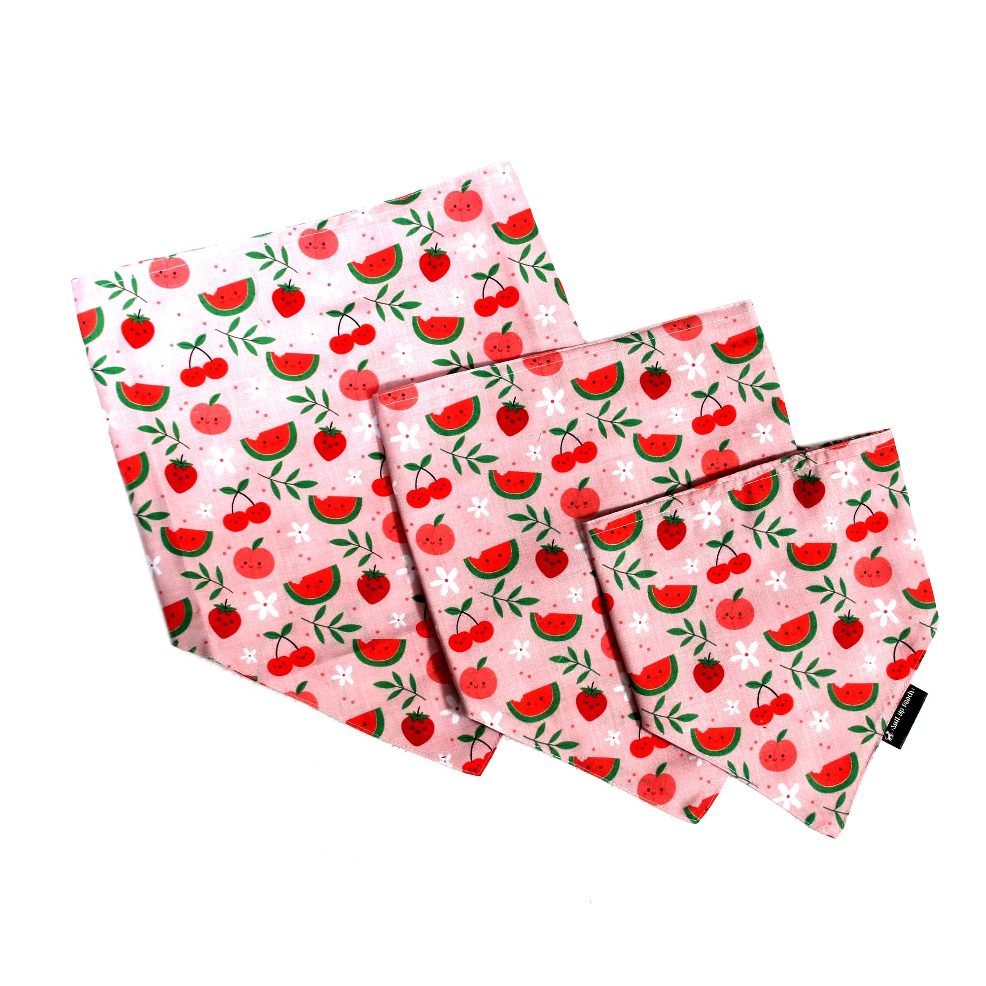 Pink-a-Boo cotton scrunchie dog bandana - flatlay showing all three sizes Small, Medium, Large, playful cute fruity print for all dogs