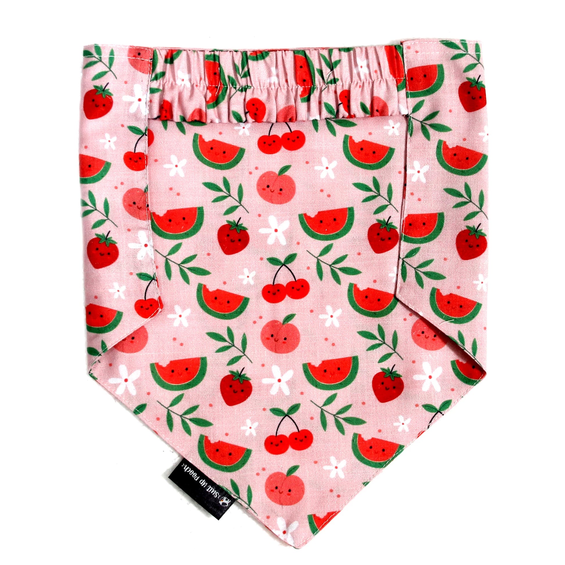 Pink-a-Boo cotton scrunchie dog bandana flatlay - back view, soft cotton,  playful cute fruity print, available for Small, Medium, Large dogs