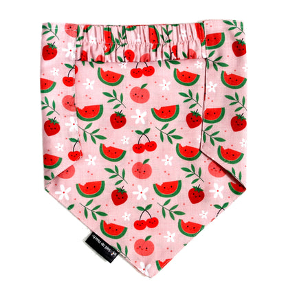 Pink-a-Boo cotton scrunchie dog bandana flatlay - back view, soft cotton,  playful cute fruity print, available for Small, Medium, Large dogs