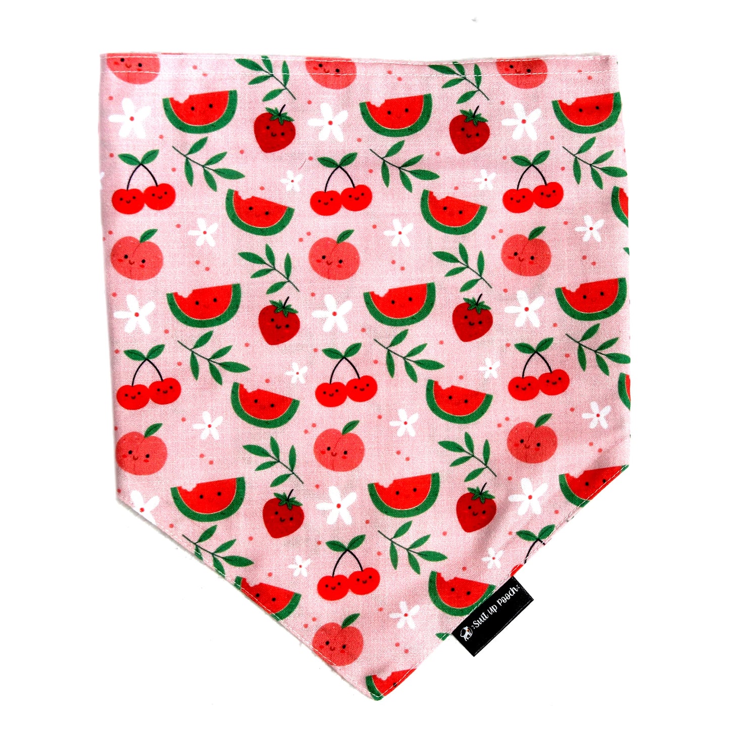Pink-a-Boo cotton scrunchie dog bandana flatlay - front view, soft cotton,  playful cute fruity print, available for Small, Medium, Large dogs