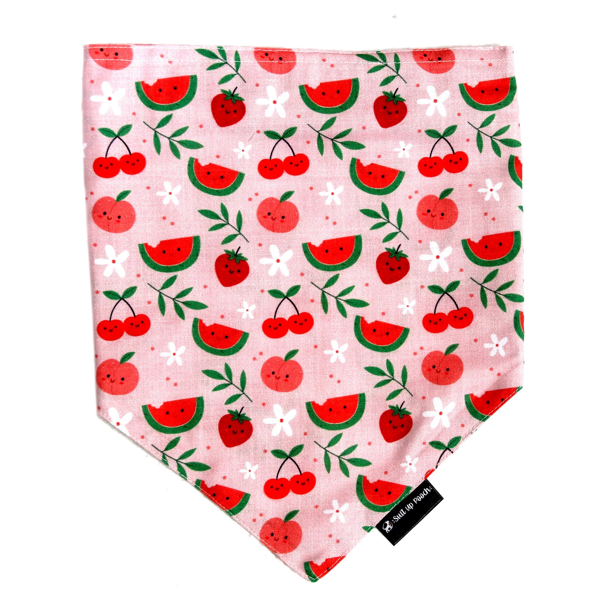 Pink-a-Boo cotton scrunchie dog bandana flatlay - front view, soft cotton,  playful cute fruity print, available for Small, Medium, Large dogs