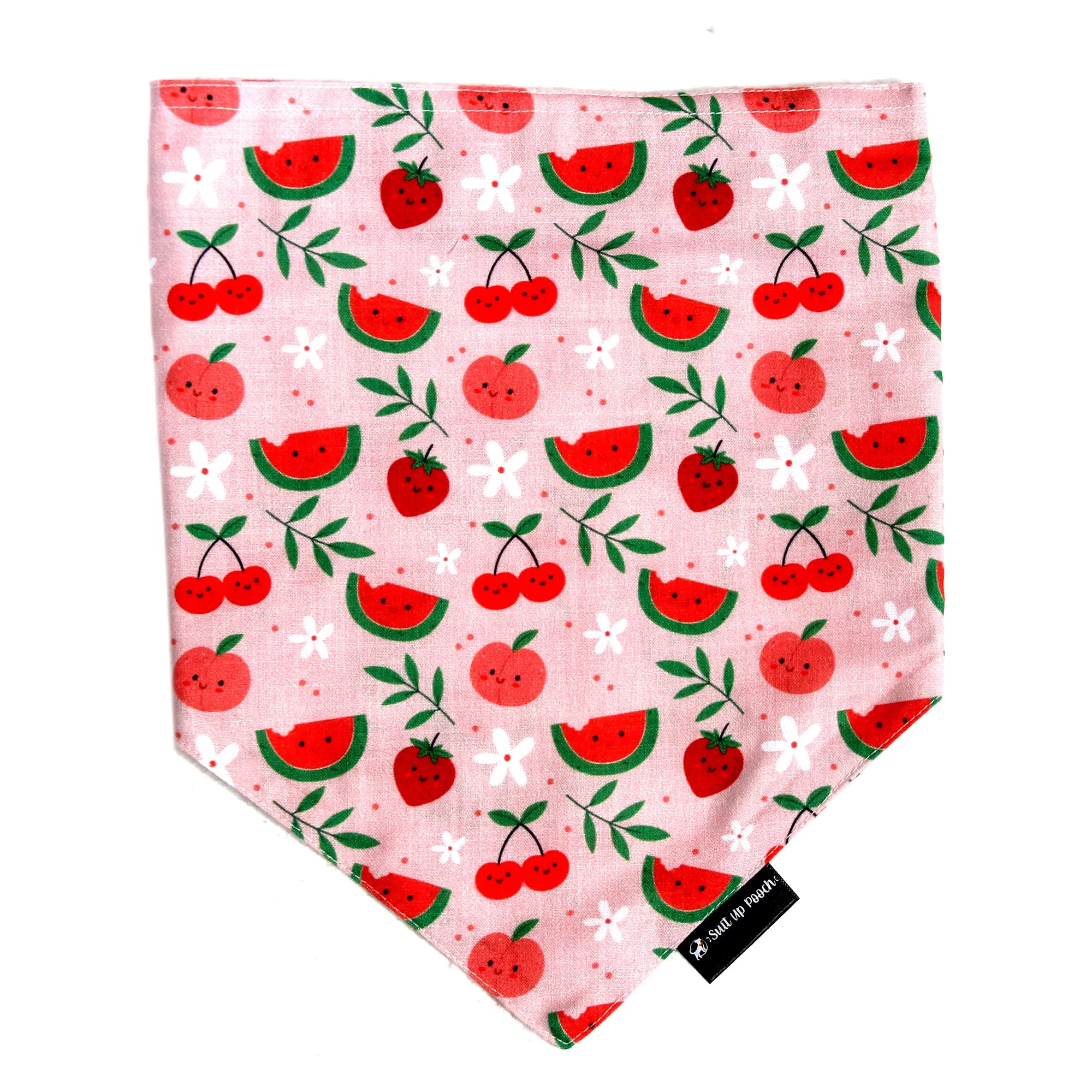 Pink-a-Boo cotton scrunchie dog bandana flatlay - front view, soft cotton,  playful cute fruity print, available for Small, Medium, Large dogs