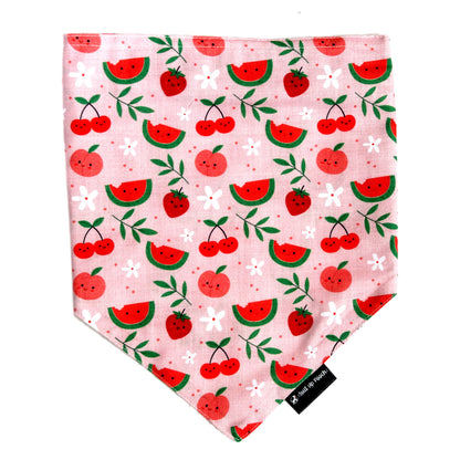 Pink-a-Boo cotton scrunchie dog bandana flatlay - front view, soft cotton,  playful cute fruity print, available for Small, Medium, Large dogs