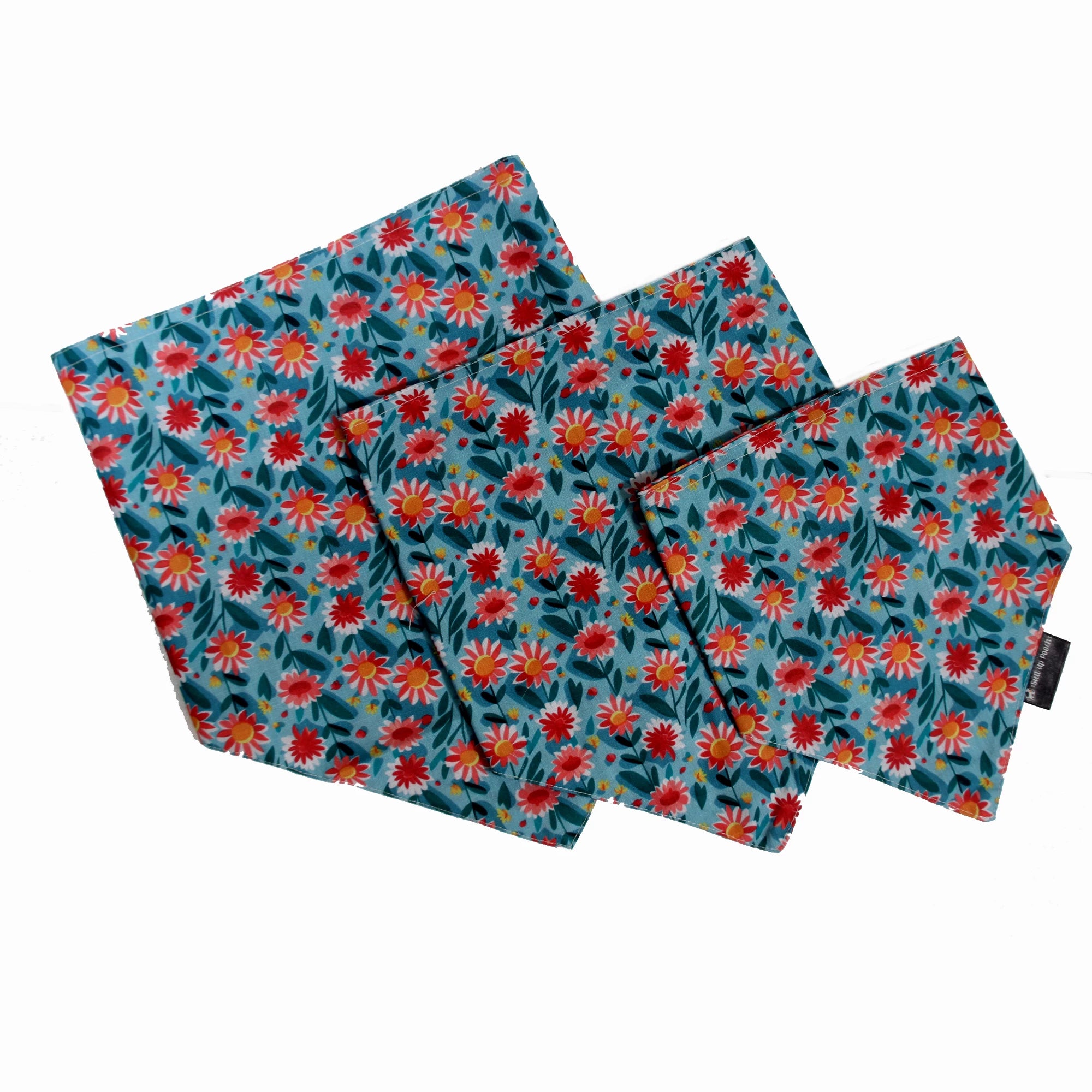The Daisy Doo cotton scrunchie dog bandana flatlay showing all three sizes Small, Medium, and Large. Adorable cute floral print for all dogs