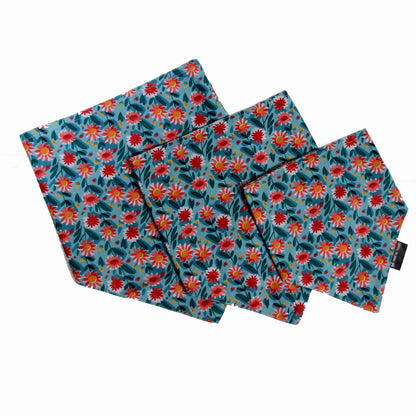 The Daisy Doo cotton scrunchie dog bandana flatlay showing all three sizes Small, Medium, and Large. Adorable cute floral print for all dogs
