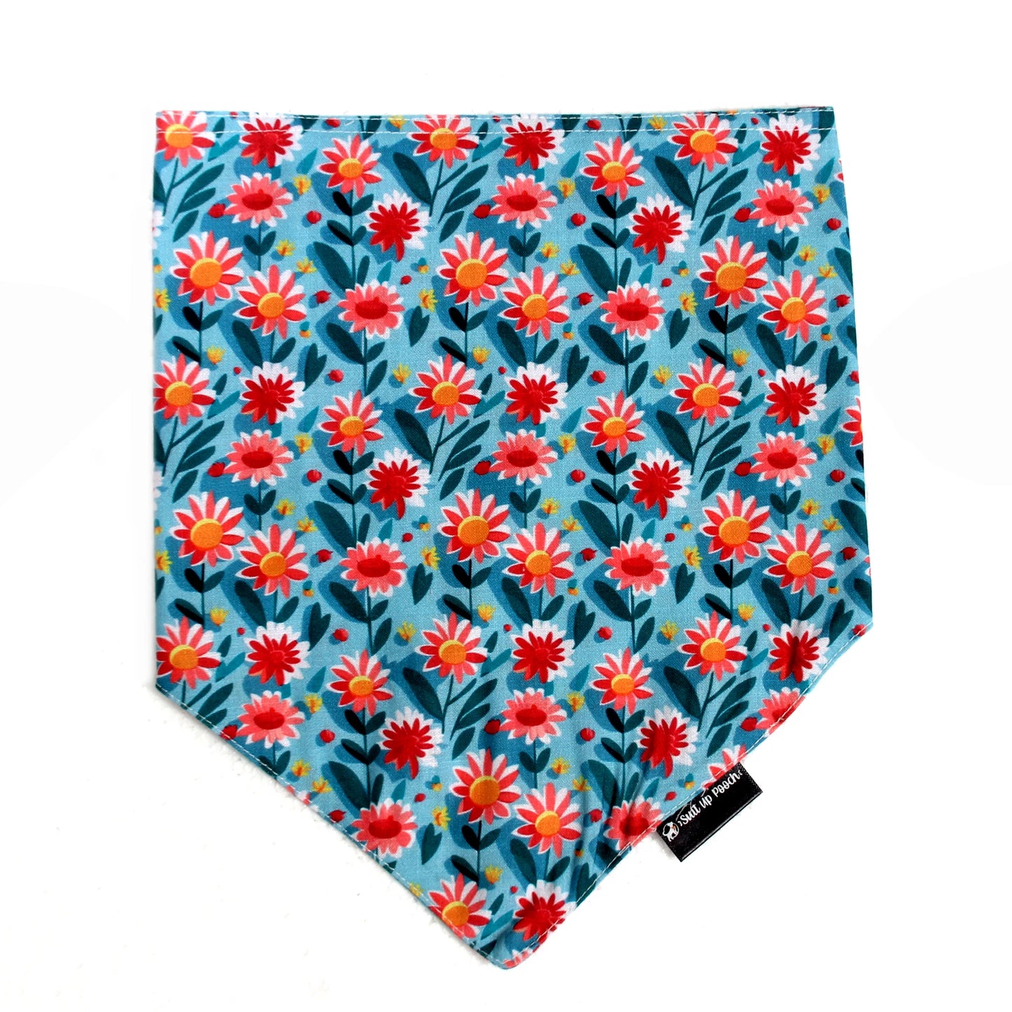 The Daisy Doo cotton scrunchie dog bandana flatlay front view, soft cotton, playful cute floral print. Available for Small, Medium, and Large dogs.