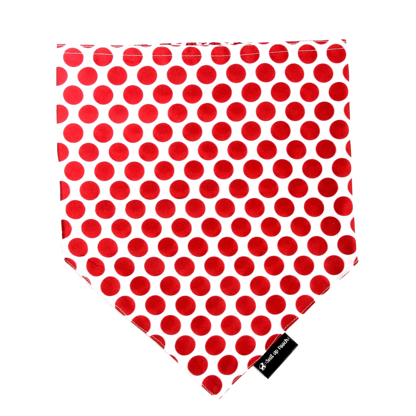 The Polka Pup cotton scrunchie dog bandana flatlay – front view, soft cotton, playful red and white polka dot print, comfy fit, easy to slip on, available in Small, Medium, Large size for all dogs