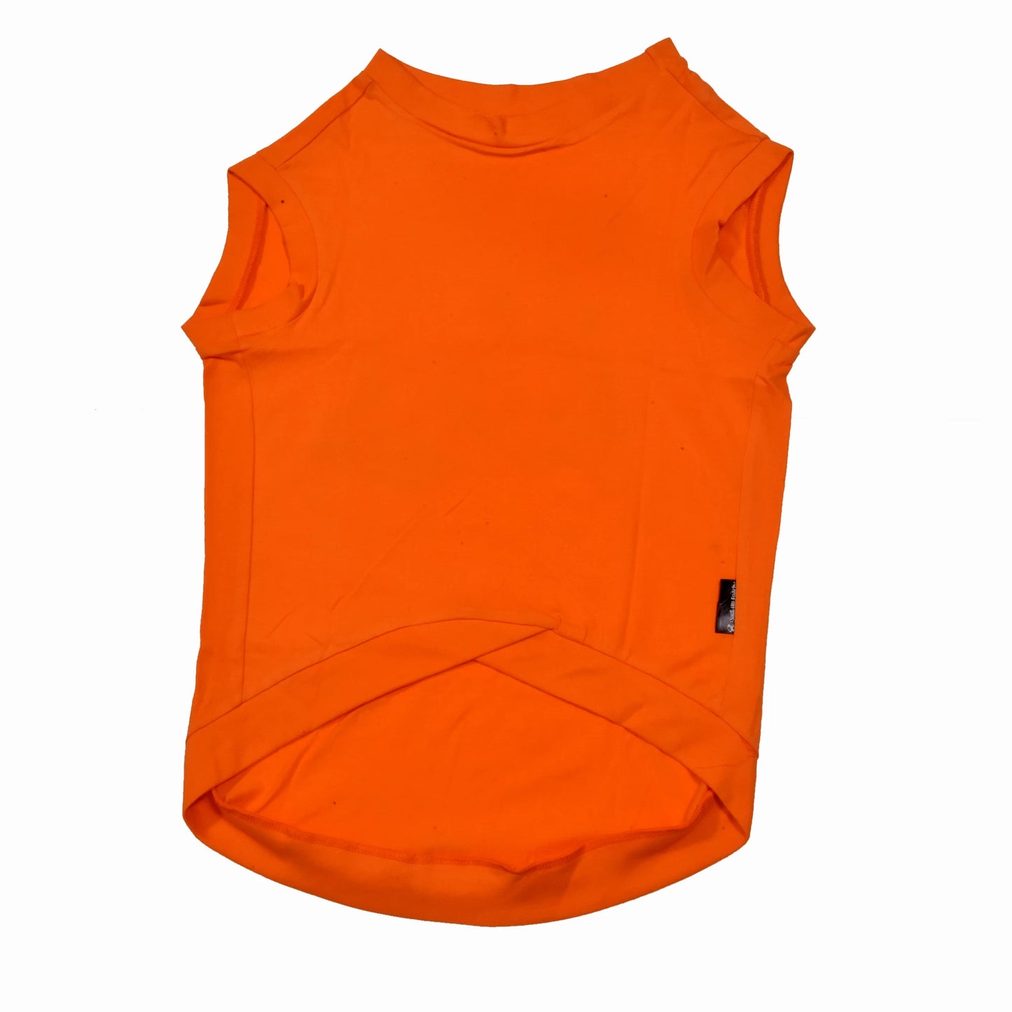 Flatlay of Tired-a? Oh Bhrame! Nan Recharge Mode On Guru! orange Kannada cotton dog t-shirt, sleeveless, showing high belly cut and perfect back length. Soft, comfy fit for small, medium, and large pups.