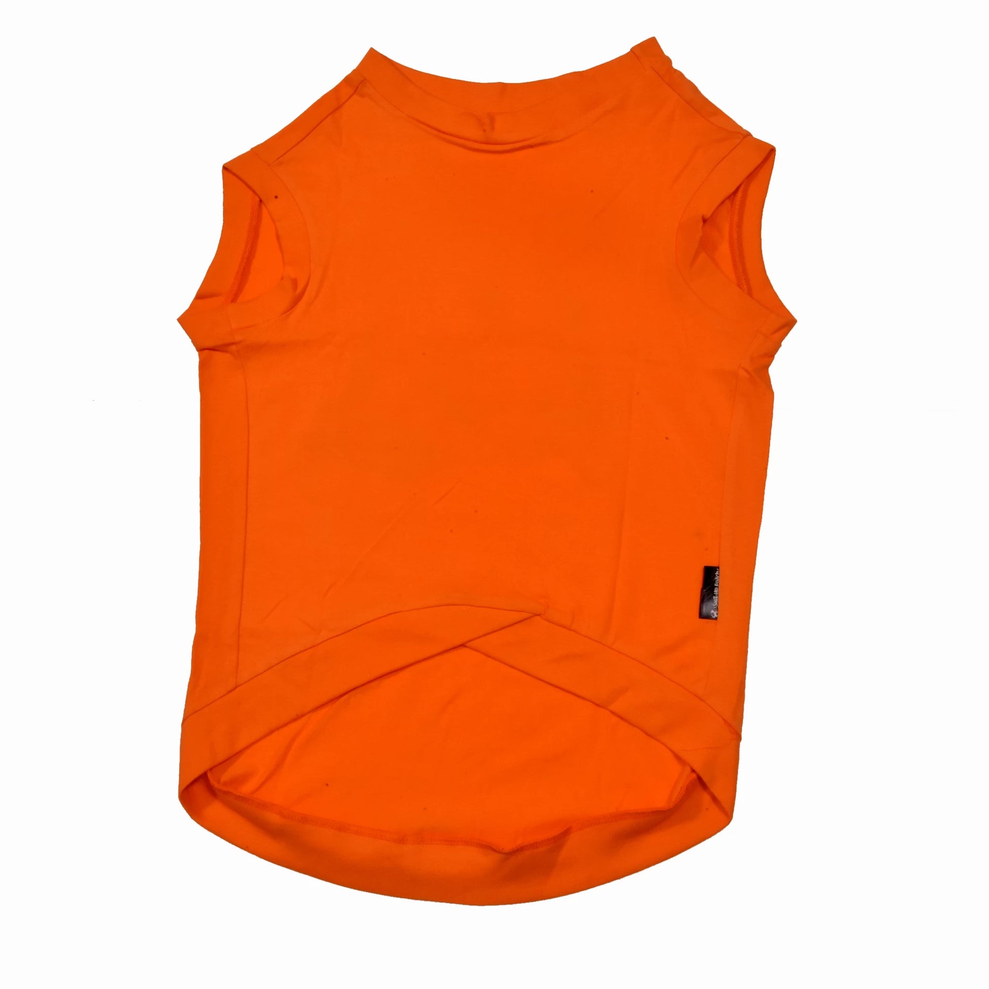 Flatlay of Tired-a? Oh Bhrame! Nan Recharge Mode On Guru! orange Kannada cotton dog t-shirt, sleeveless, showing high belly cut and perfect back length. Soft, comfy fit for small, medium, and large pups.