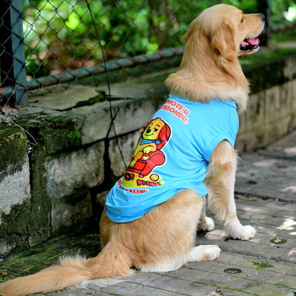 TV Remote-u Nimde Irbohdu Mane Remote-u Naane blue sleeveless cotton Kannada dog t-shirt from Suit Up Pooch. Shows the bossy pup graphic of a couch commander giving full CEO vibes. Available for small, medium, and large dogs.