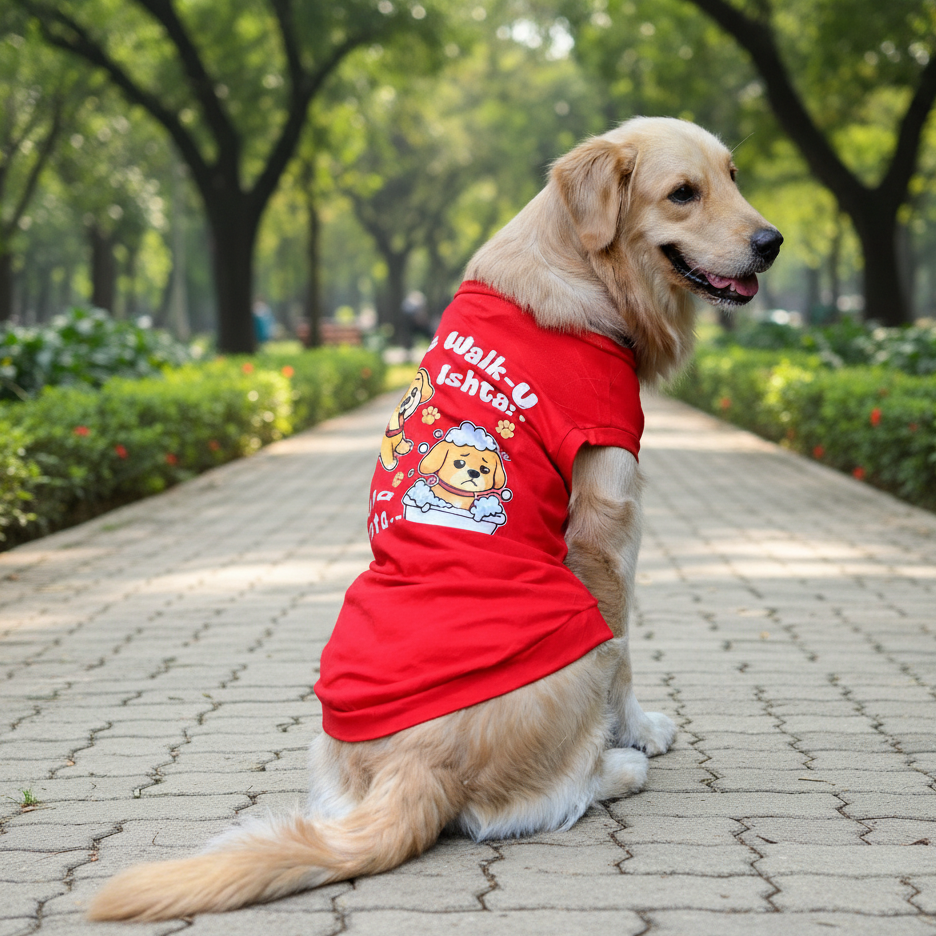 Walk-u Ishta Snana Kashta red sleeveless Kannada dog t-shirt on dog in side pose, showcasing fit, perfect back length and cute graphic of a dog loving walks and hating baths. Suitable for small, medium, and large dogs. By Suit Up Pooch