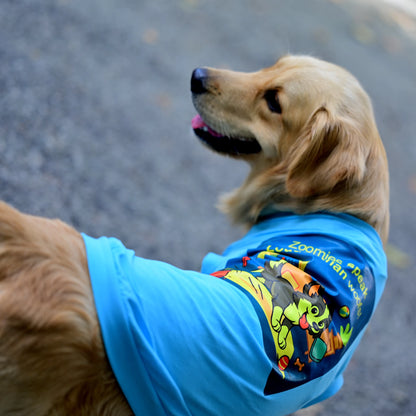 Zoomies Speak Louder Than Woofs blue sleeveless cotton dog T-shirt on a dog showing playful zoomies graphic and perfect back length. Comfy, stylish fit for small, medium, and large dogs.