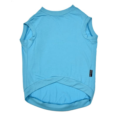 Zoomies speak louder than woofs blue sleeveless cotton dog t-shirt flatlay showing high belly cut, ideal back length, and tailored fit. Comfortable and stylish for small, medium, and large dogs.