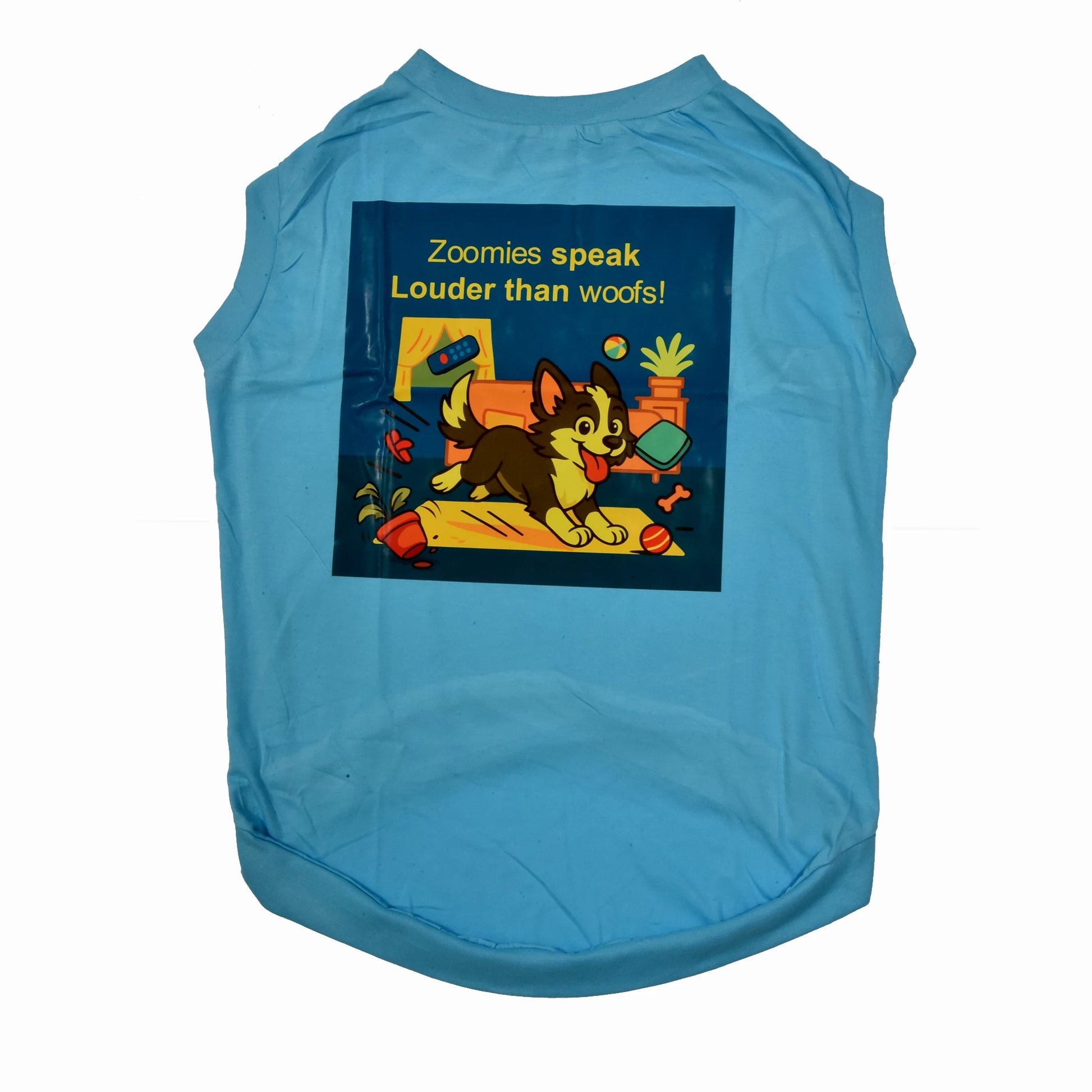Zoomies Speak Louder Than Woofs blue sleeveless cotton dog T-shirt flatlay showing playful zoomies graphic. Comfy, stylish fit for small, medium, and large dogs.